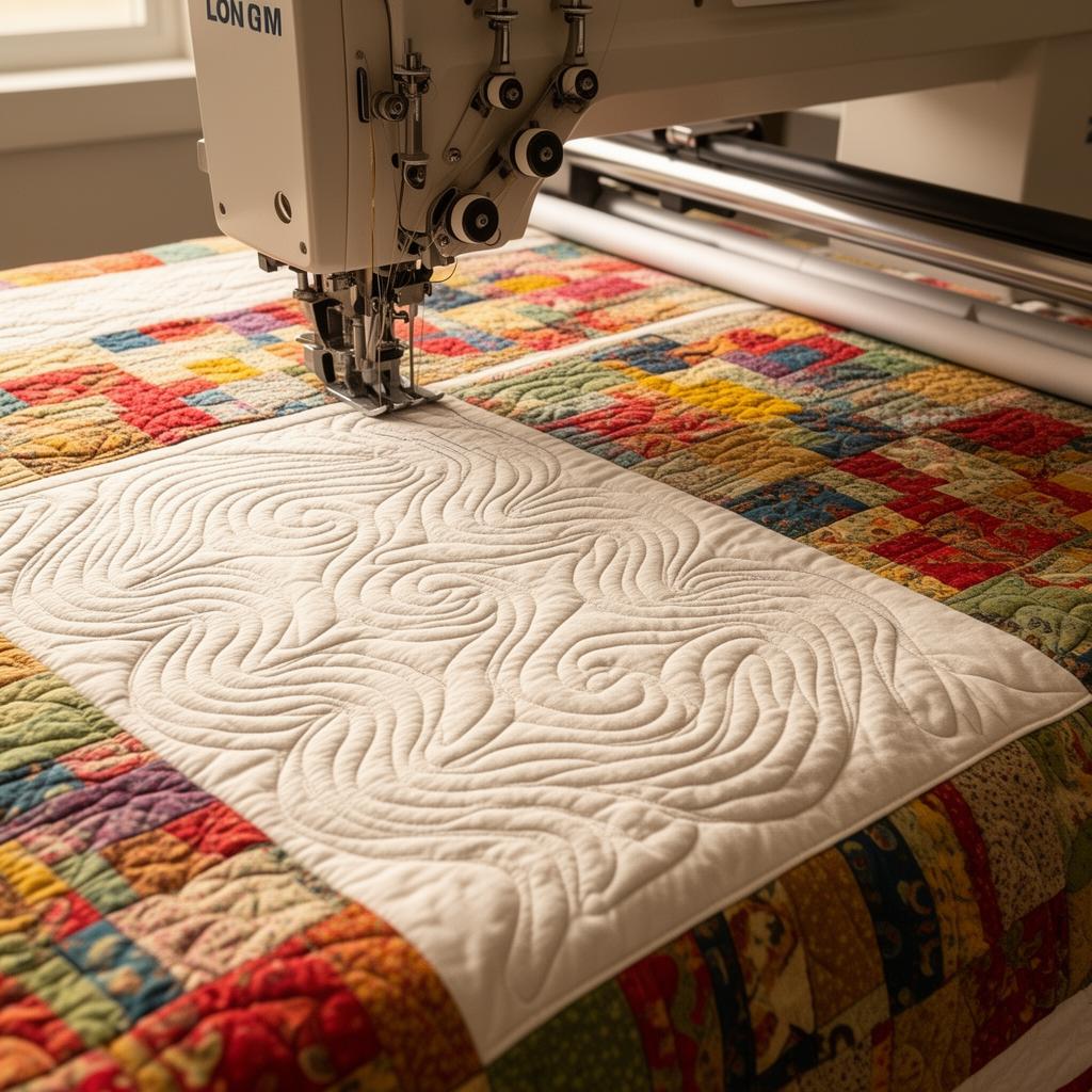 Professional longarm quilting machine stitching edge-to-edge pattern